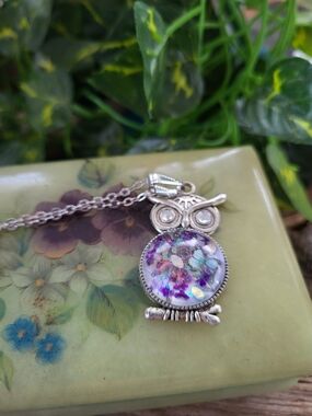Handmade Silver Toned Owl Pendant Necklace with Purple Floral Under Glass